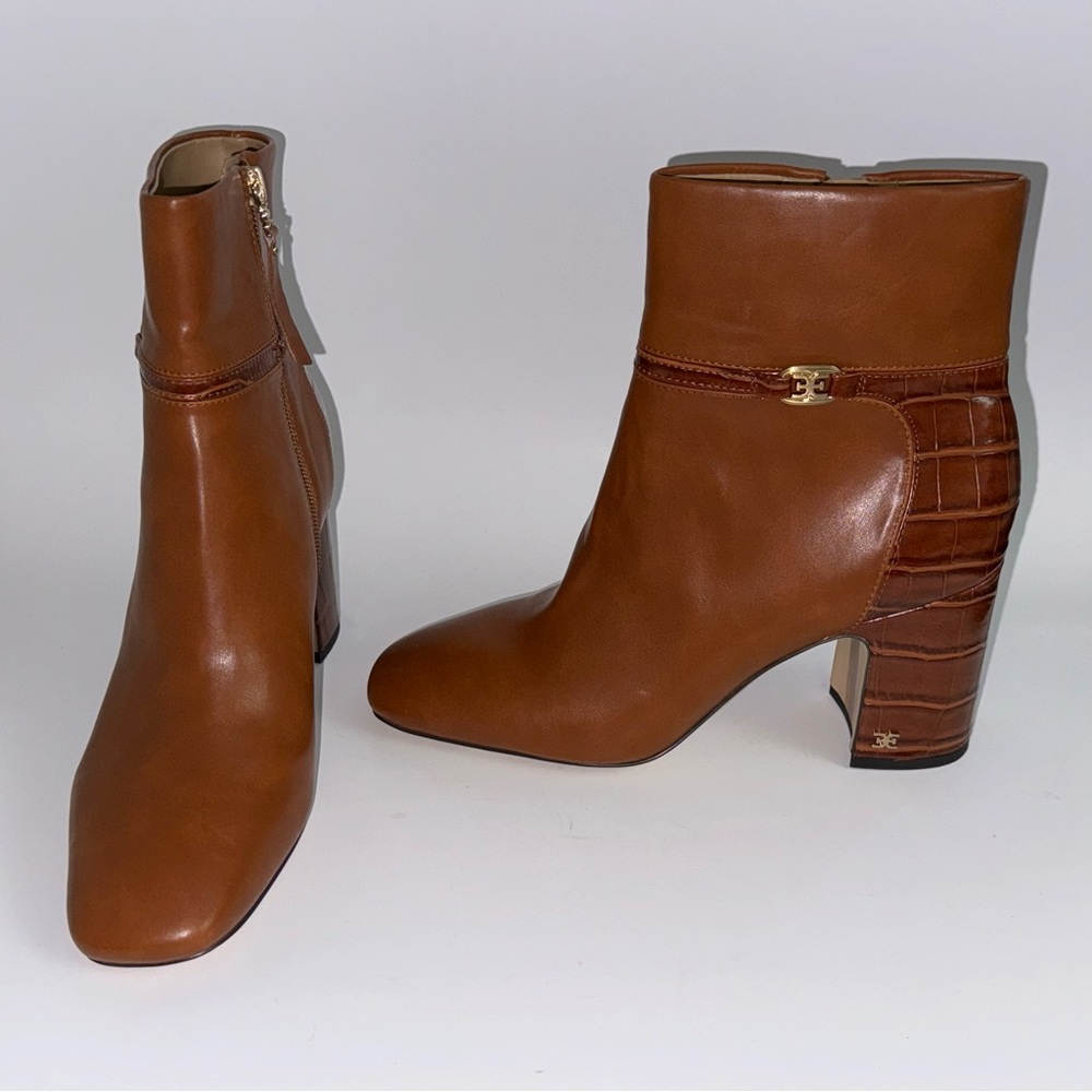 Sam Edelman Cognac Leather Croc-Accent Block Heel Ankle Boots